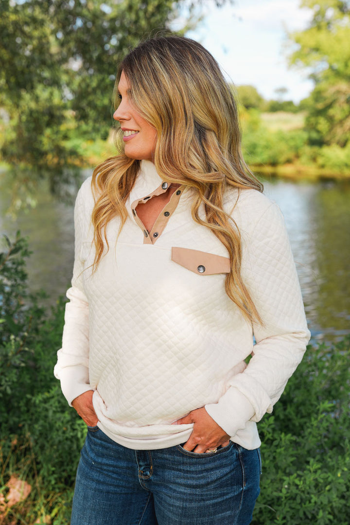 Ivory Quarter Snap Quilted Pullover