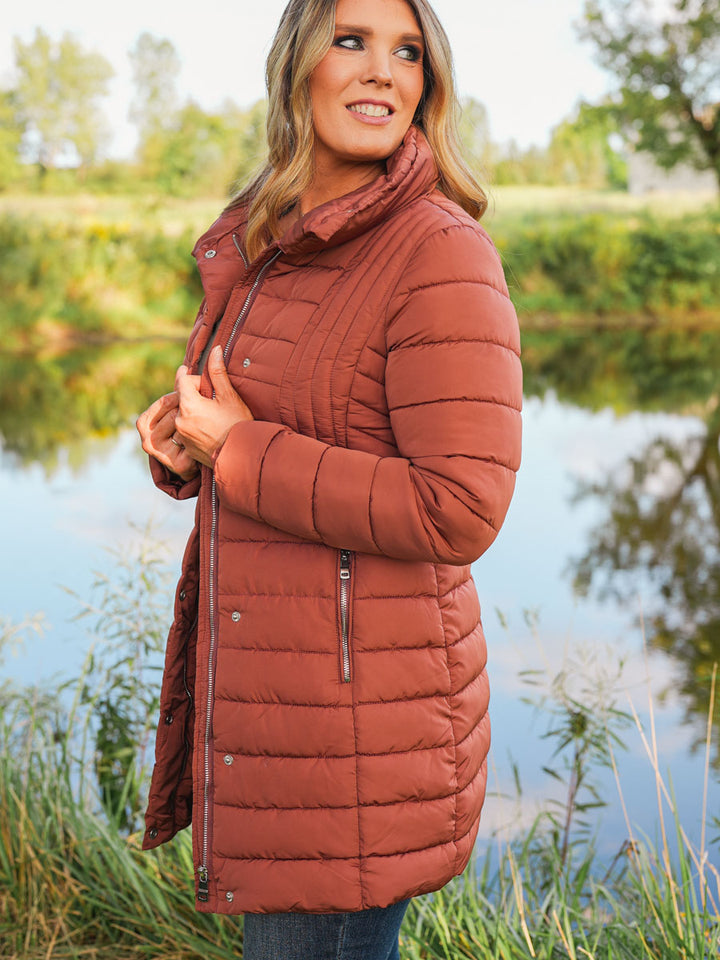 Long Quilted Puffer Coat in Copper