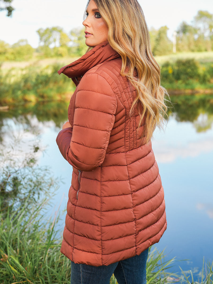 Long Quilted Puffer Coat in Copper