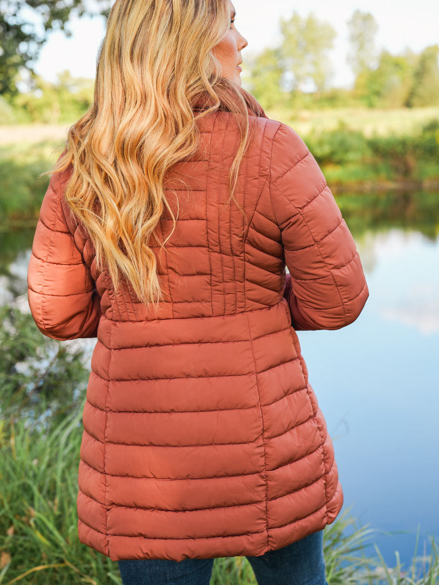 Long Quilted Puffer Coat in Copper