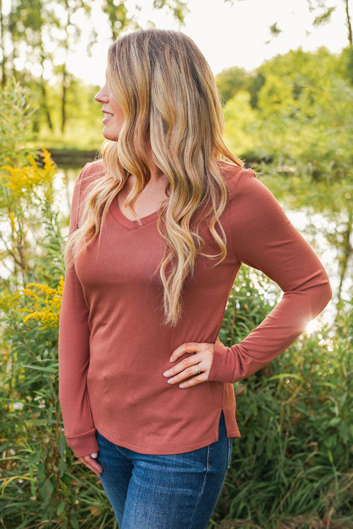 Thread and Supply Shannon Top in Cognac | Long sleeve shirt with v-neck