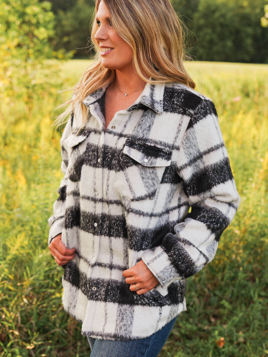 Black and white brushed plaid shacket