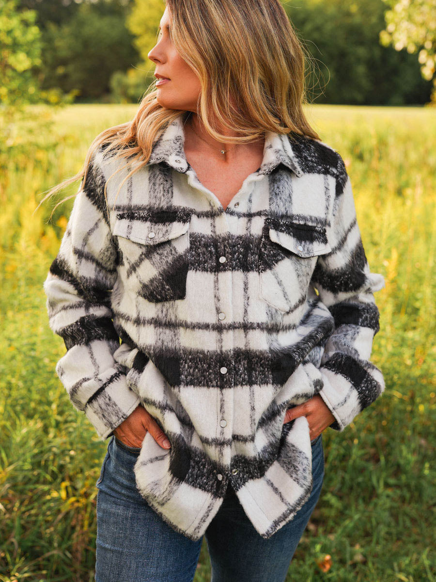 Black and white brushed plaid shacket