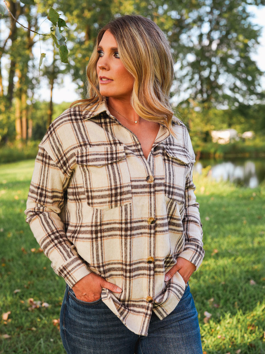 Brown and Ivory Plaid Flannel Button Down