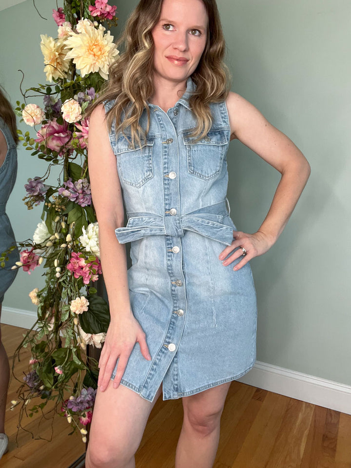 Light Wash Denim Button Up Dress with Belt