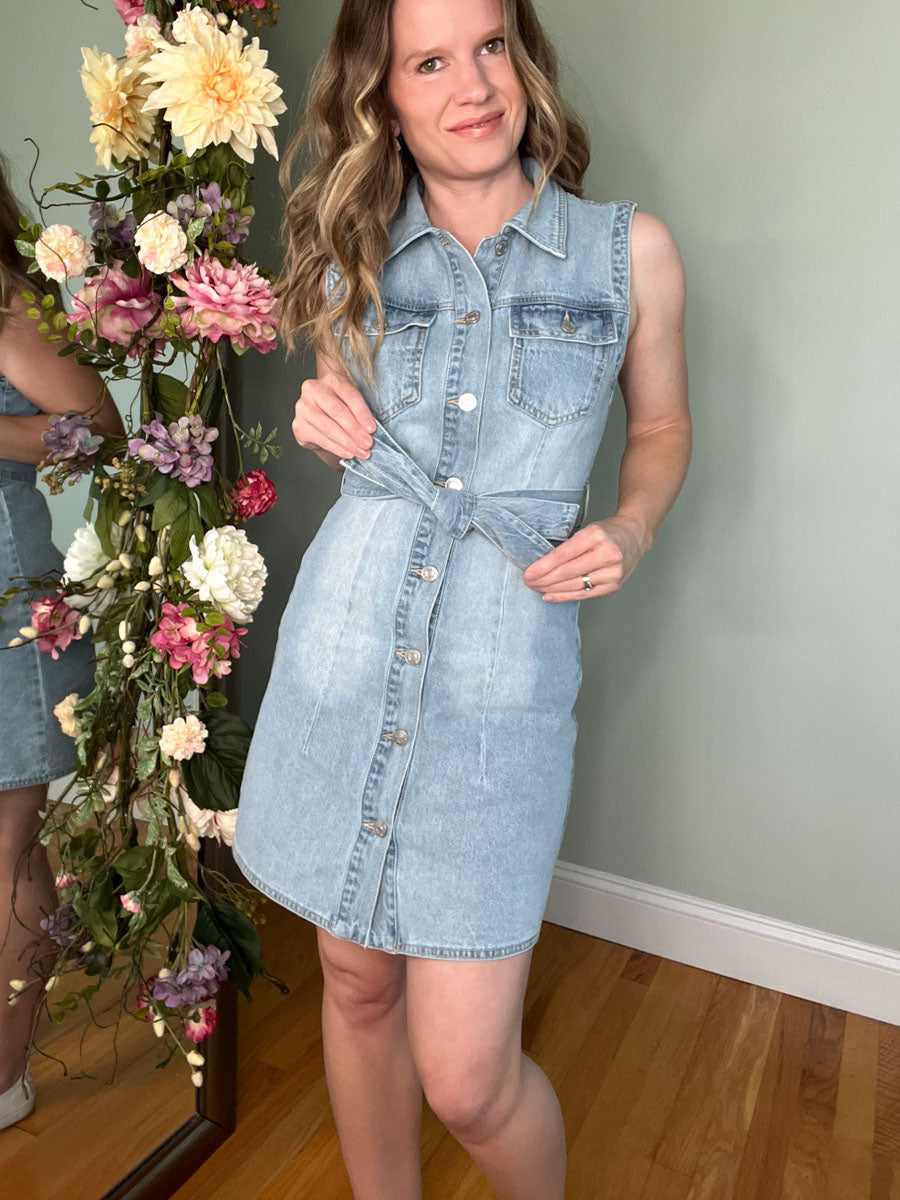 Light Wash Denim Button Up Dress with Belt