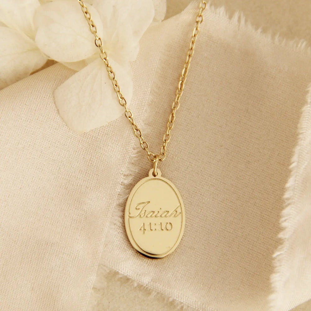Gold necklace with Isaiah 41:10 engraved on the pendant