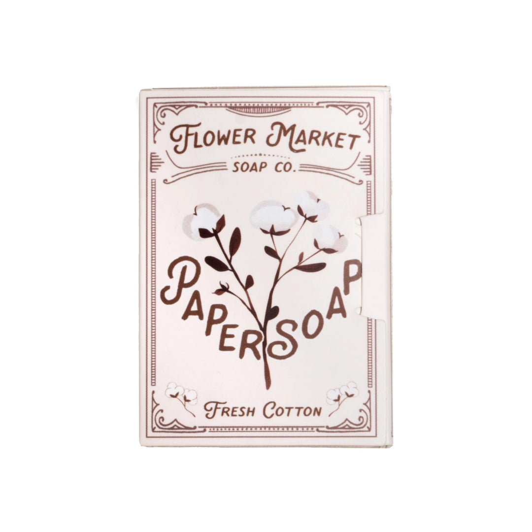 Flower Market Soap Co. paper soap packaging with floral design on a white background