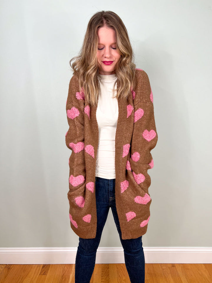 Fuzzy heart cardigan sweater in mocha