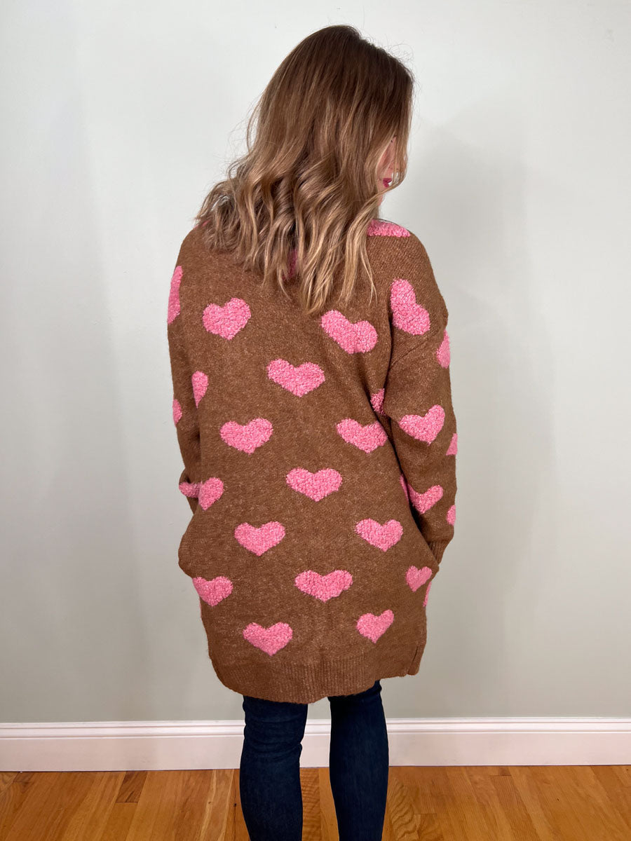 Fuzzy heart cardigan sweater in mocha