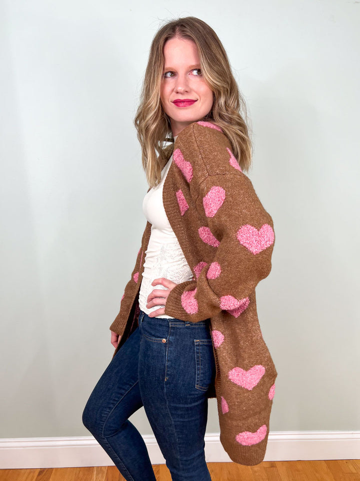 Fuzzy heart cardigan sweater in mocha