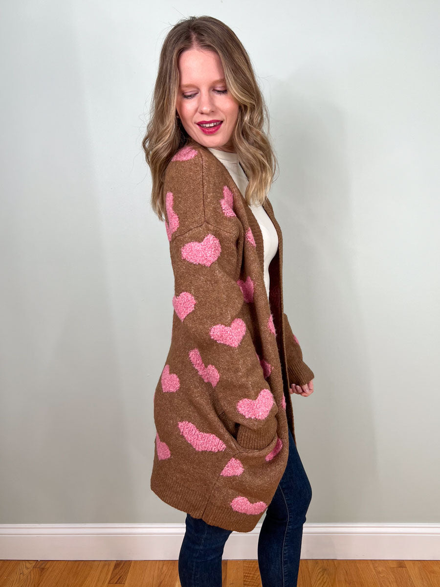 Fuzzy heart cardigan sweater in mocha