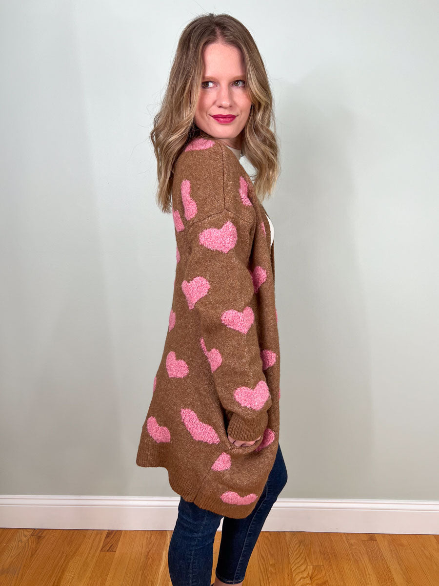 Fuzzy heart cardigan sweater in mocha