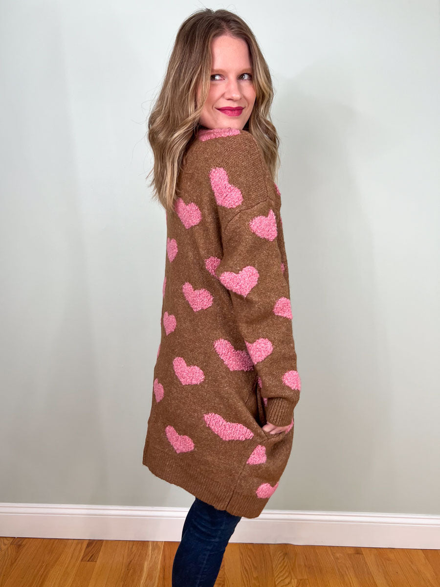 Fuzzy heart cardigan sweater in mocha