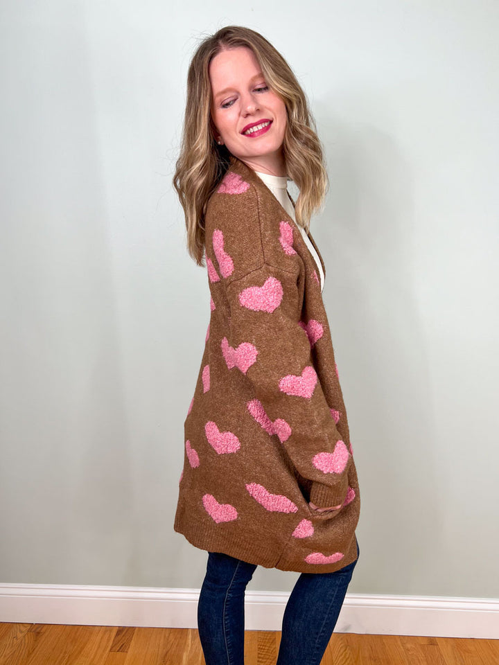 Fuzzy heart cardigan sweater in mocha