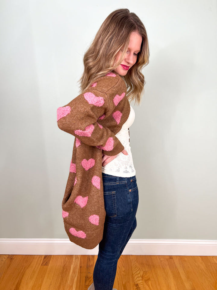 Fuzzy heart cardigan sweater in mocha