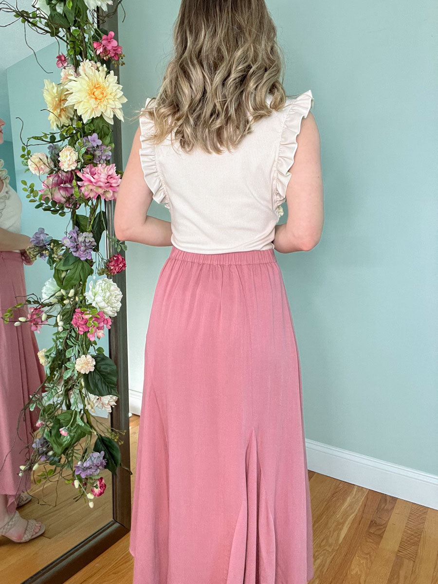 Rose Pink Asymmetrical High Low Midi Skirt with Ruffle Hem