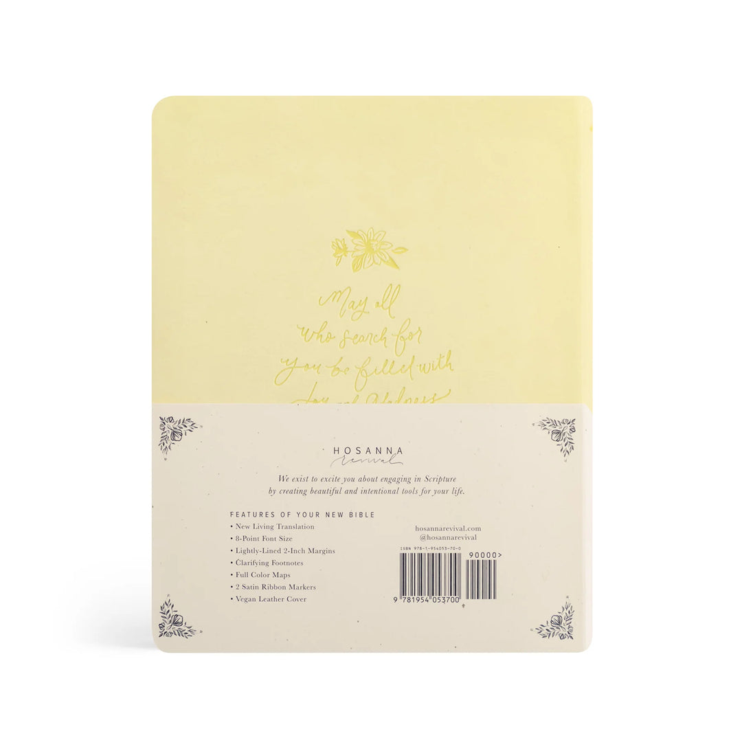 Back cover of a yellow Bible with decorative elements and text on a light background