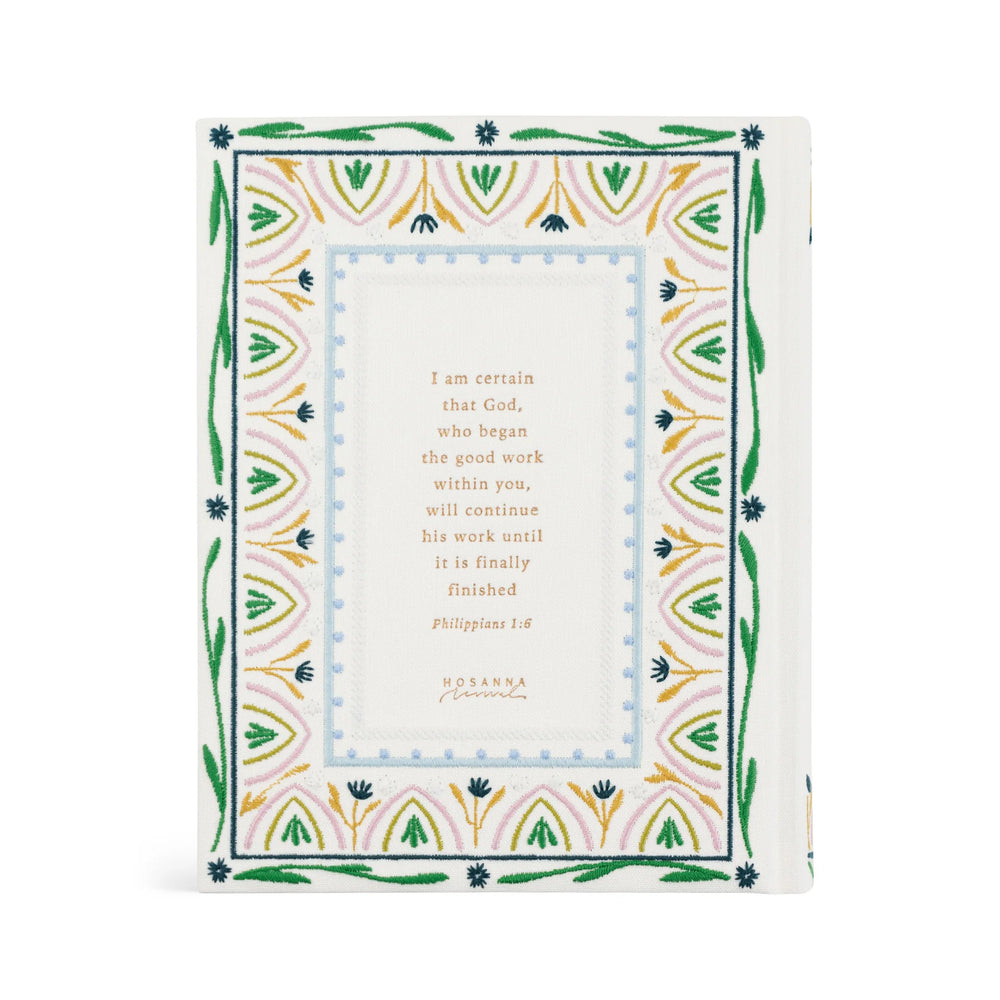 Floral embroidered Bible with a scripture and geometric border