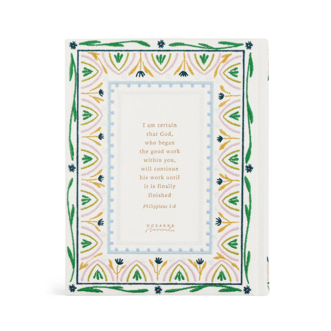 Floral embroidered Bible with a scripture and geometric border