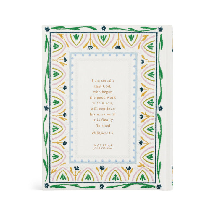 Floral embroidered Bible with a scripture and geometric border