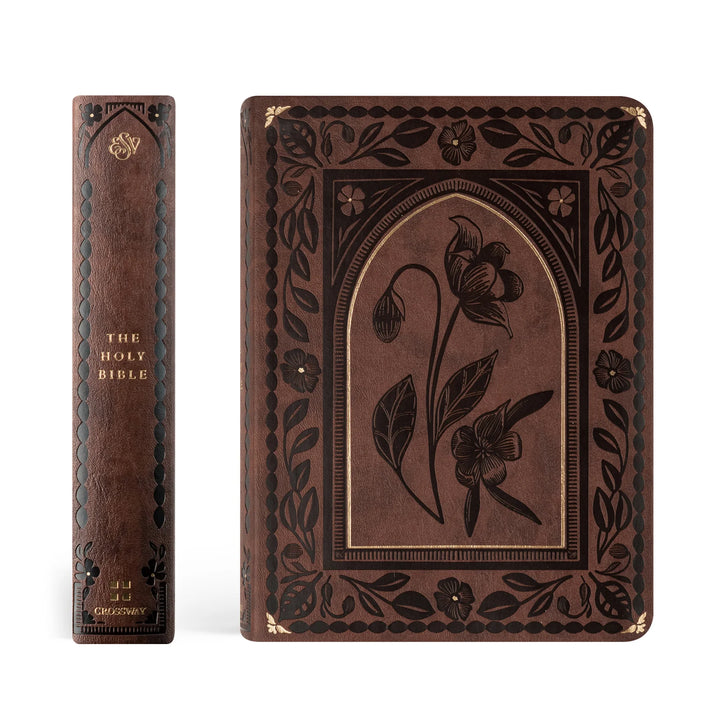 Decorative brown ESV Bible with floral design on a white background