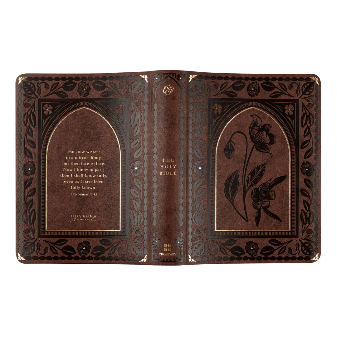 Decorative brown ESV Bible with floral designs on a white background
