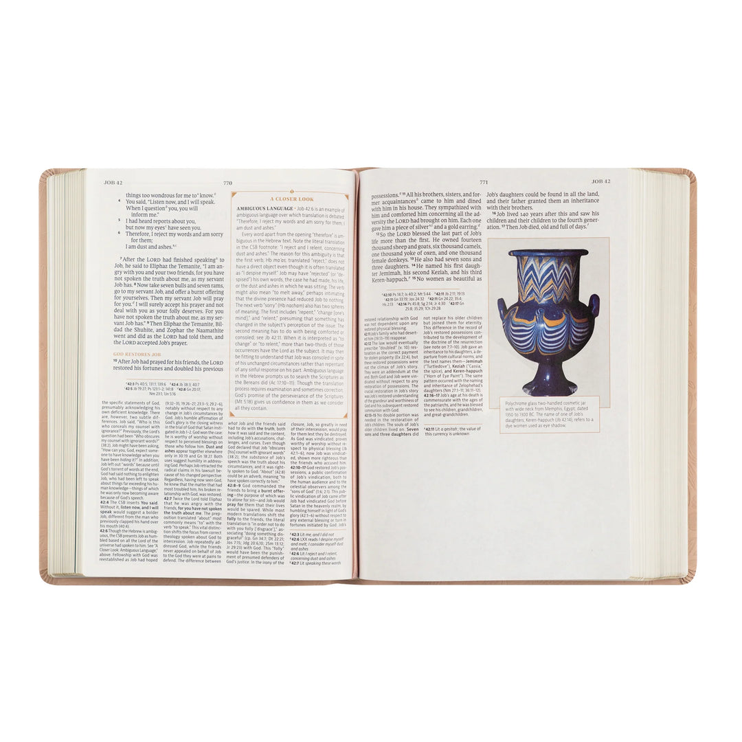 Open CSB study Bible with text and a picture of a vase on a white background