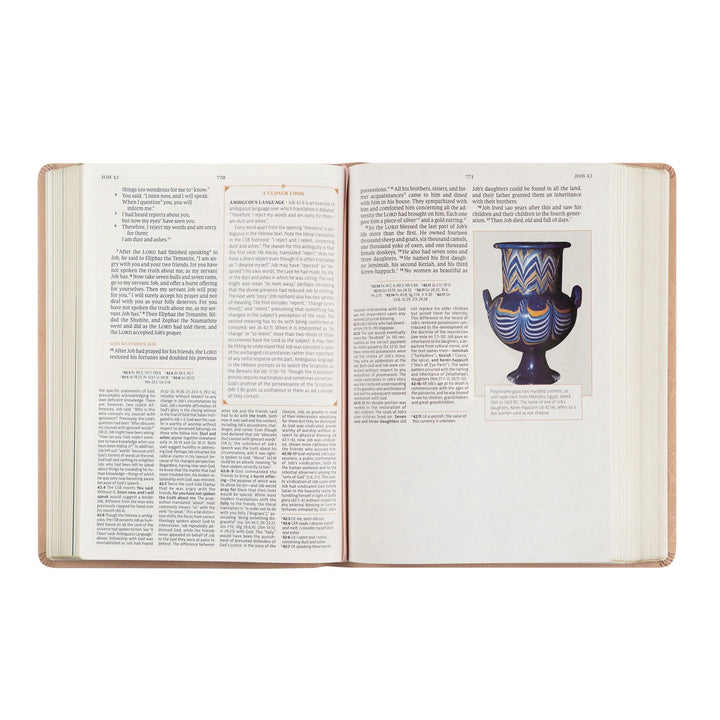 Open CSB study Bible with text and a picture of a vase on a white background