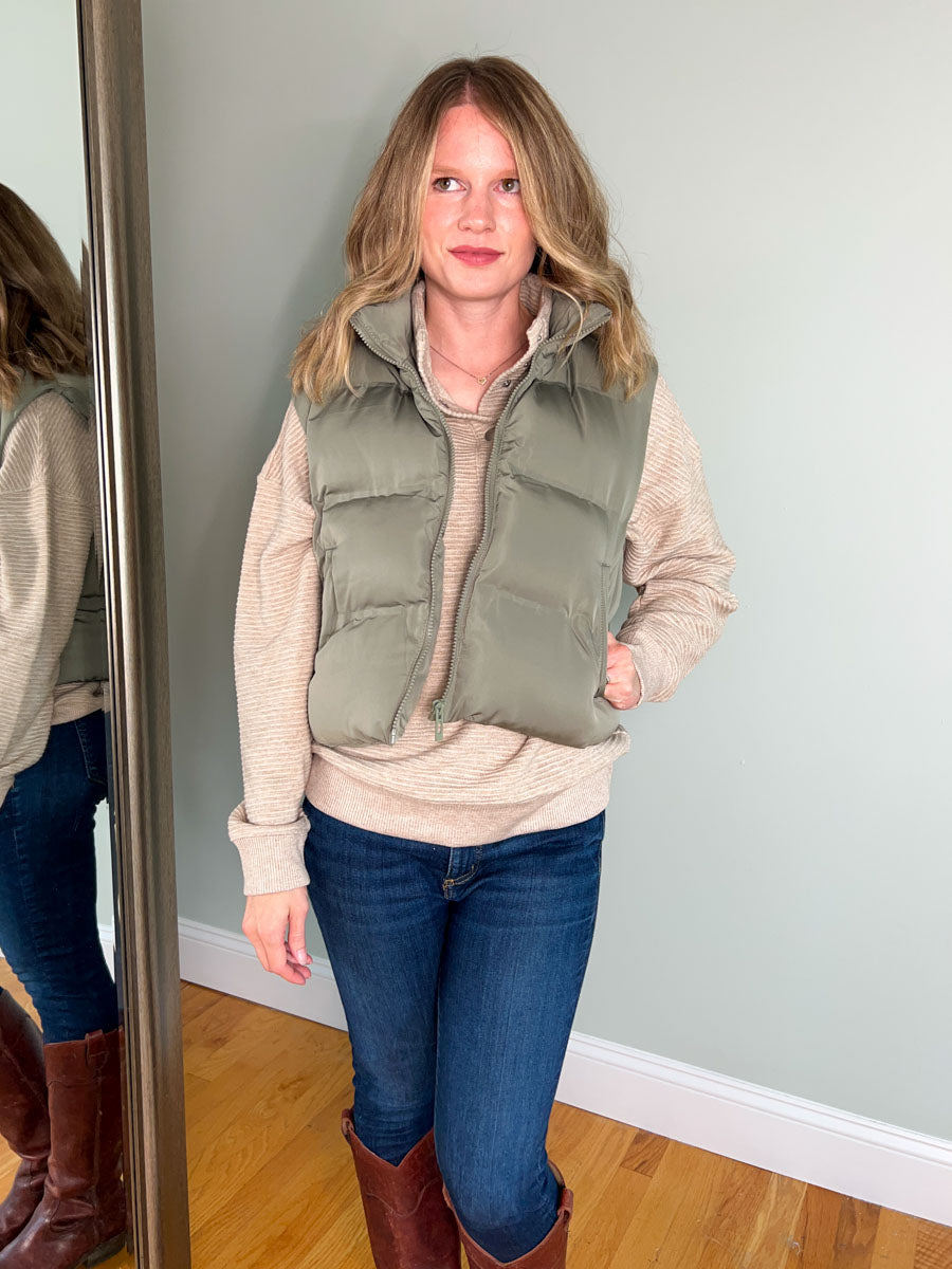 Thread and Supply Issey Vest in Olive Green | Women's Puffer Vest | Cropped Vest 