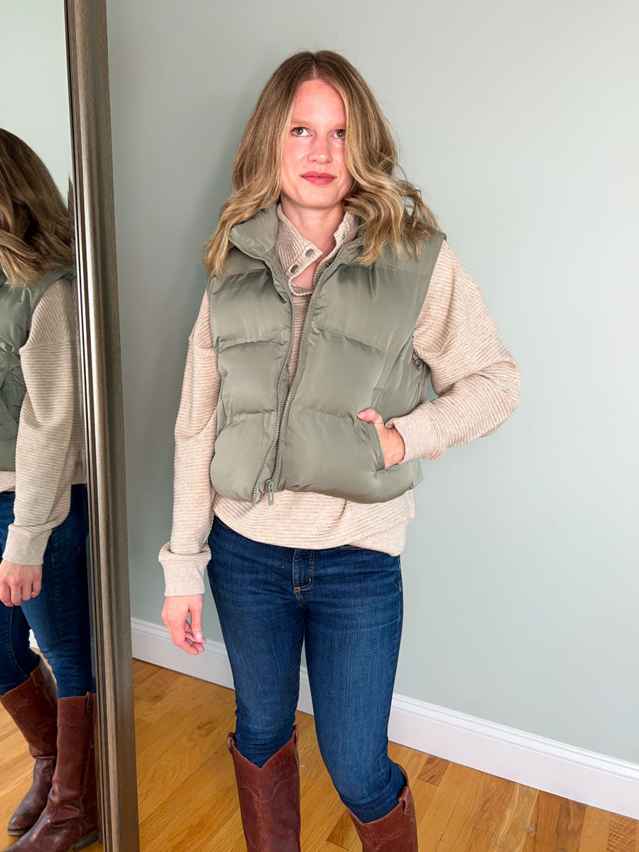 Thread and Supply Issey Vest in Olive Green | Women's Puffer Vest | Cropped Vest 