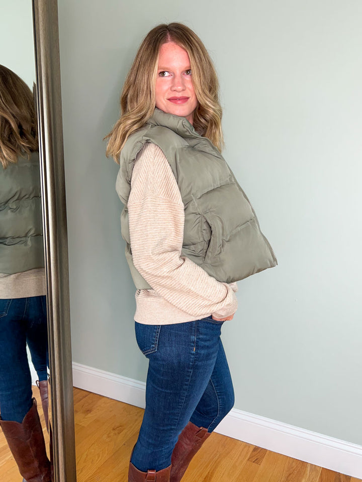 Thread and Supply Issey Vest in Olive Green | Women's Puffer Vest | Cropped Vest 