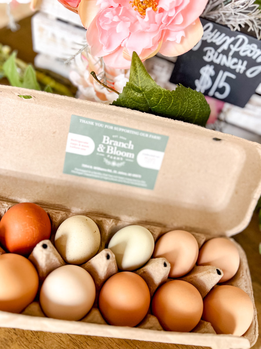 An open cardboard carton filled with assorted eggs in natural brown, tan, cream, and olive tones. A green label on the carton reads 'The Branch & Bloom Farm'.