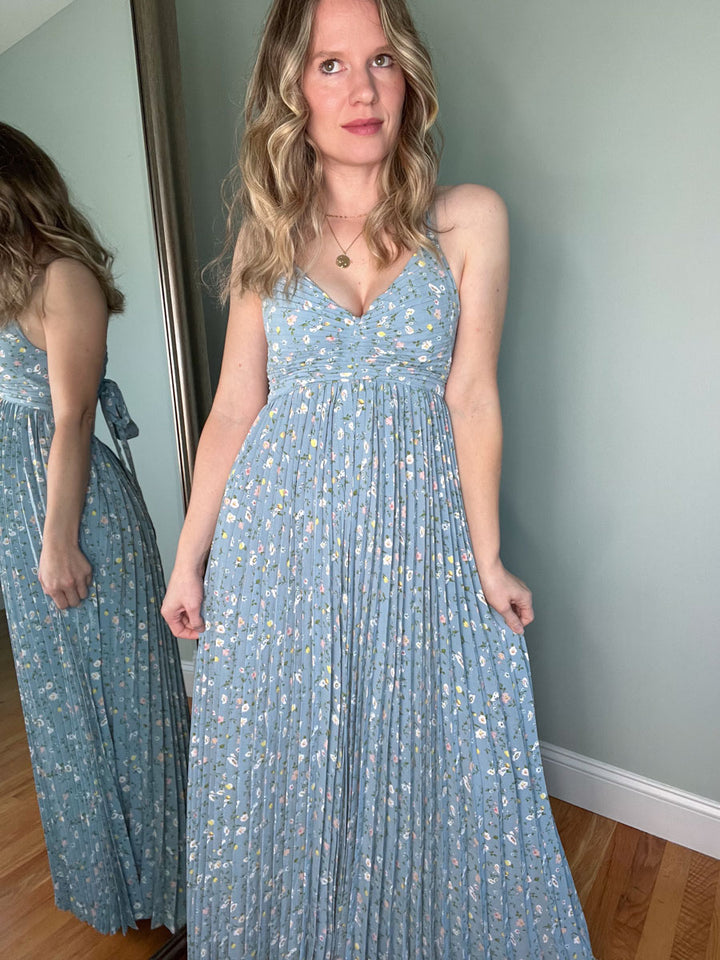 Blue Floral Pleated Maxi Dress