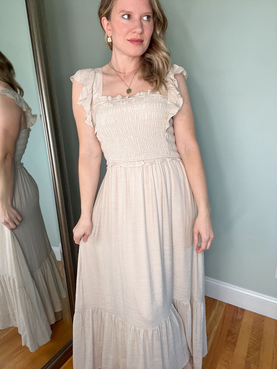 Taupe Smocked Midi Dress with Ruffled Sleeves