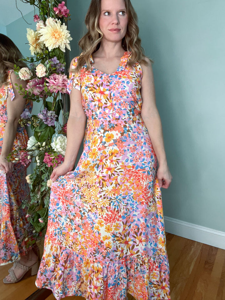 Multi Color Tiered Floral Midi Dress