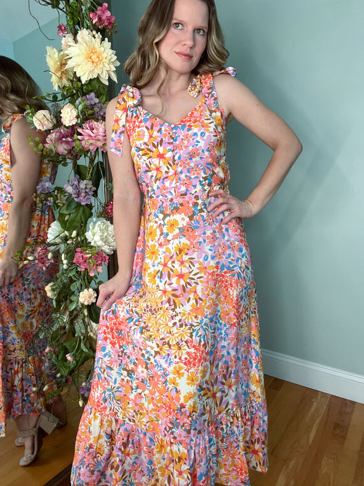 Multi Color Tiered Floral Midi Dress