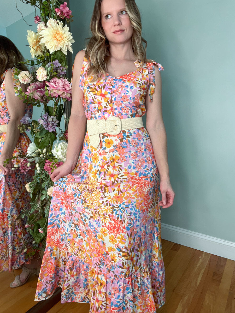 Multi Color Tiered Floral Midi Dress