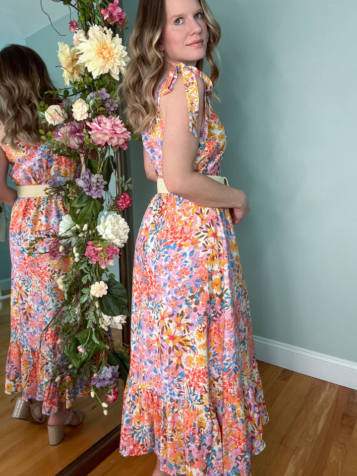 Multi Color Tiered Floral Midi Dress