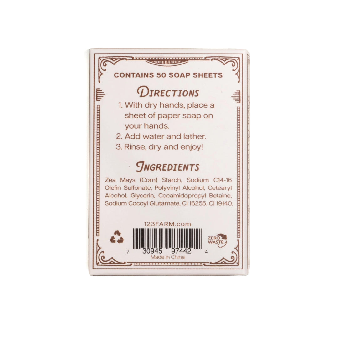 Back of a paper soap package with directions and ingredients listed on a white background
