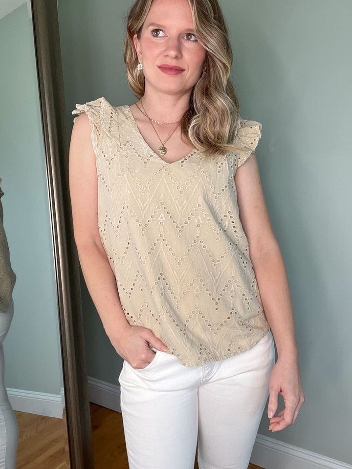 Mineral washed eyelet ruffle sleeve top in beige