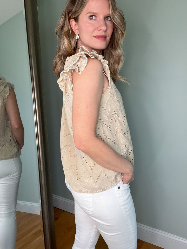 Mineral washed eyelet ruffle sleeve top in beige