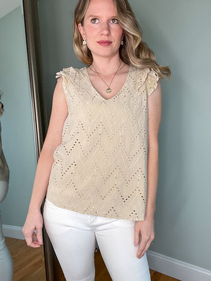 Mineral washed eyelet ruffle sleeve top in beige