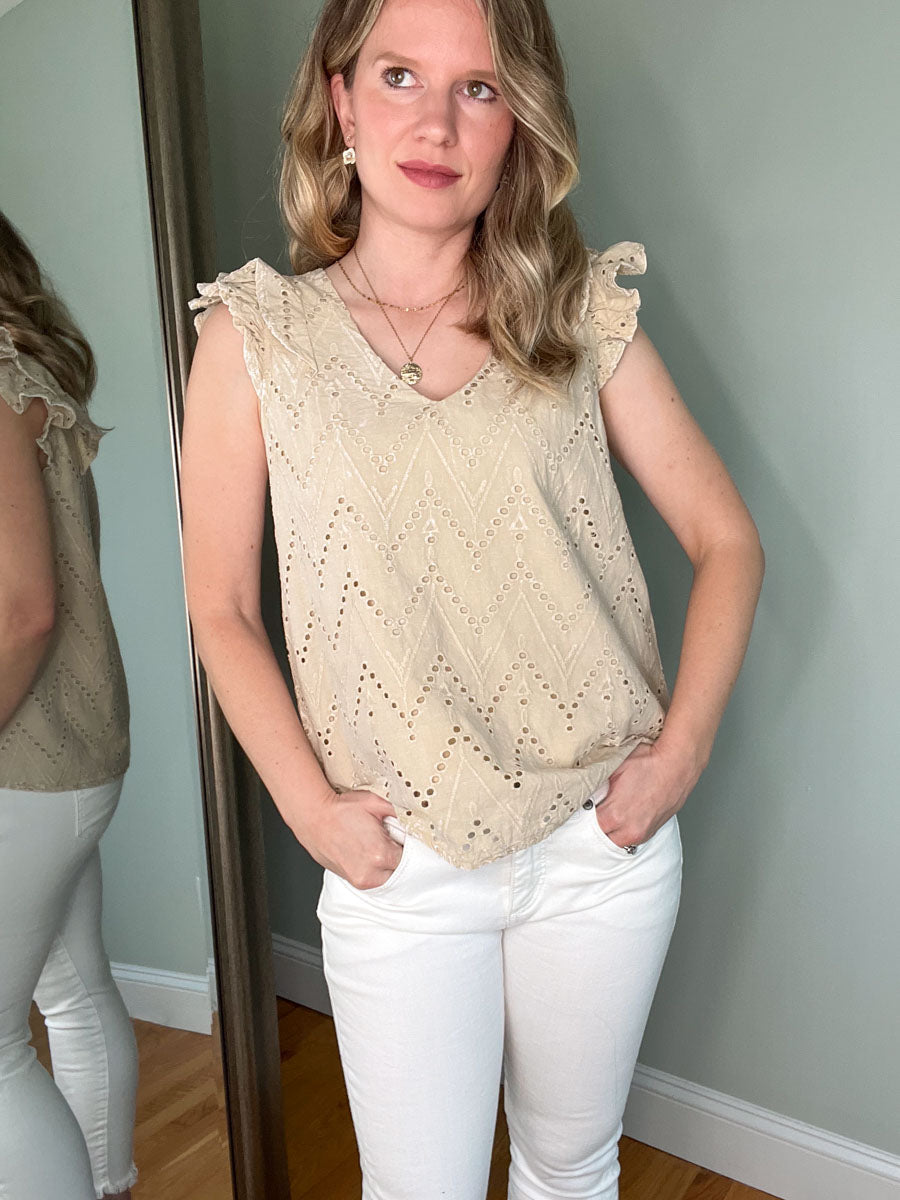 Mineral washed eyelet ruffle sleeve top in beige