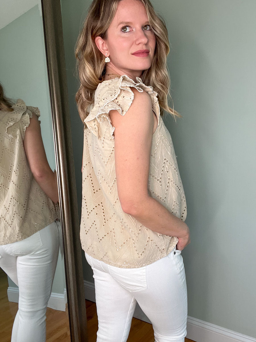 Mineral washed eyelet ruffle sleeve top in beige