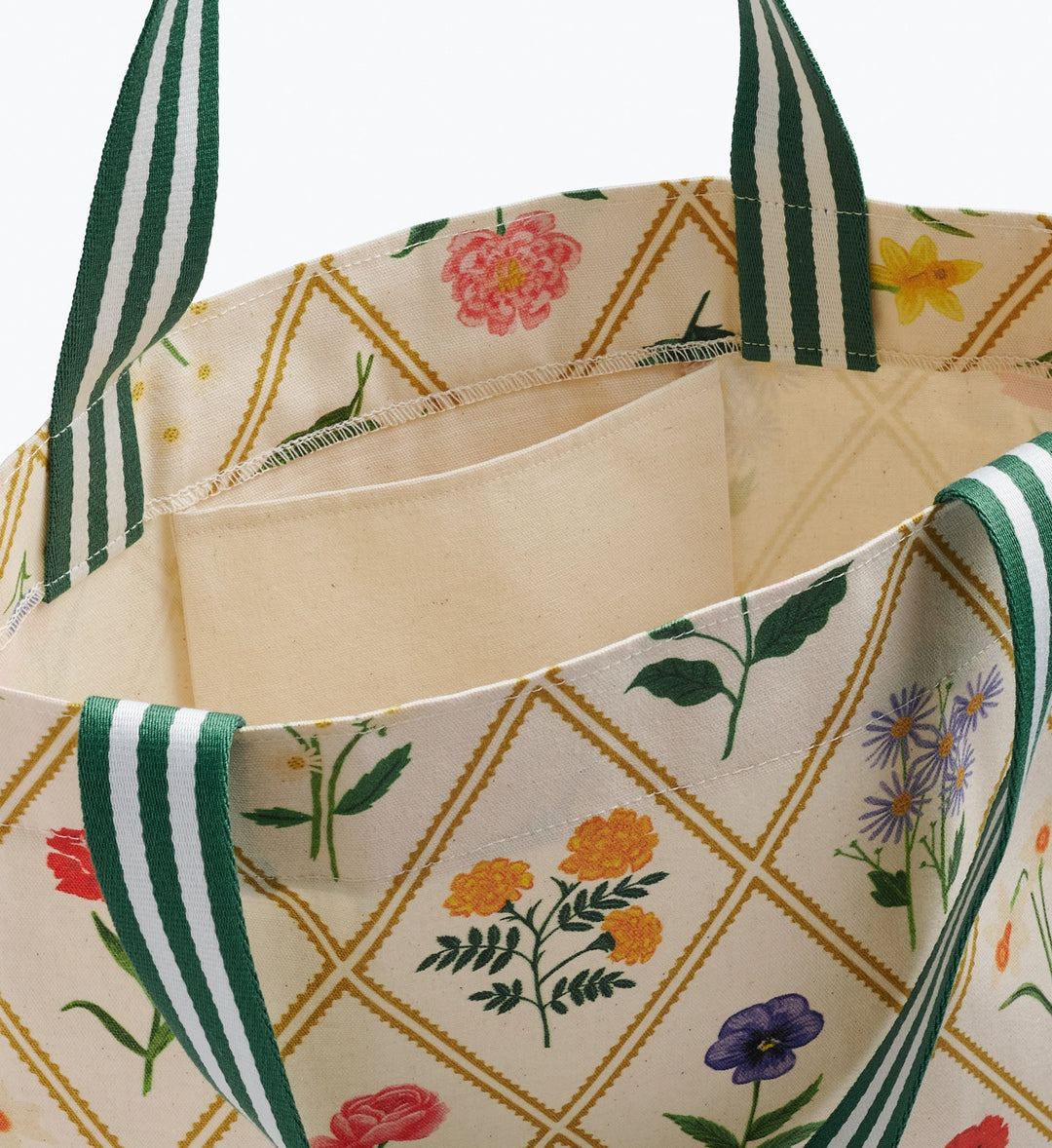 Floral-patterned tote bag with green striped handles