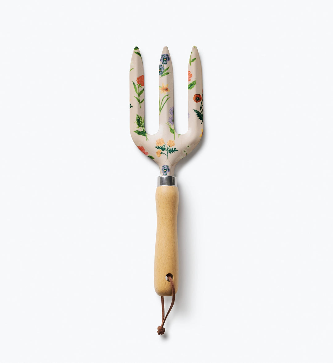 Decorative garden fork with floral pattern on a white background