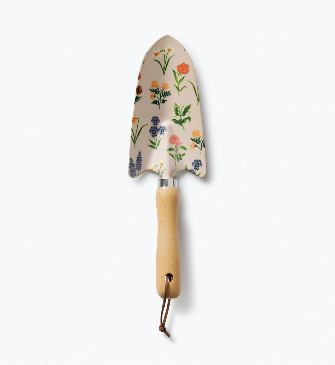 Gardening trowel with floral design on a beige handle against a white background