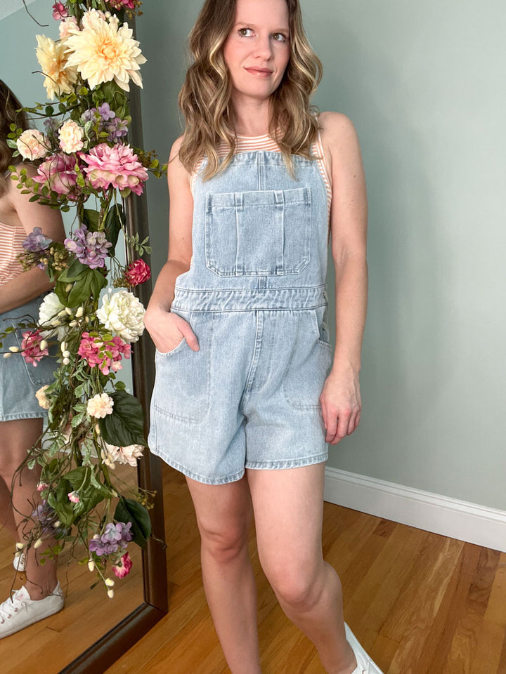 Sadie Light Wash Denim Tie Back Overall Shorts