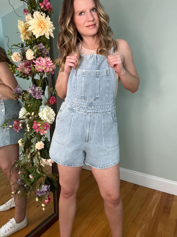 Sadie Light Wash Denim Tie Back Overall Shorts